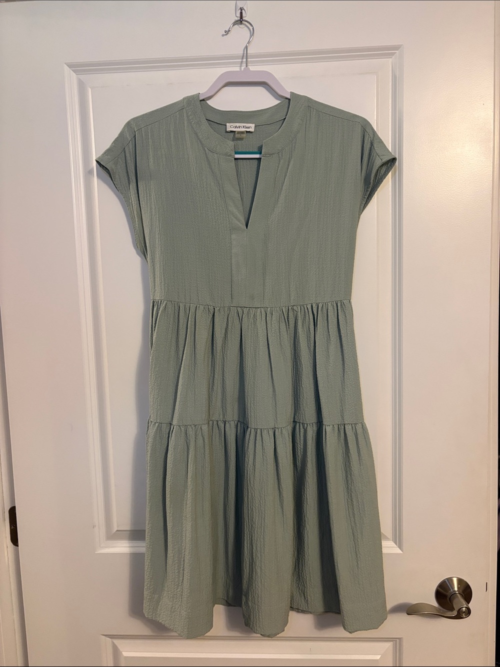 Calvin Klein | Sage Green | Tiered Short-Sleeve Dress | Tie Waist | Knee Length